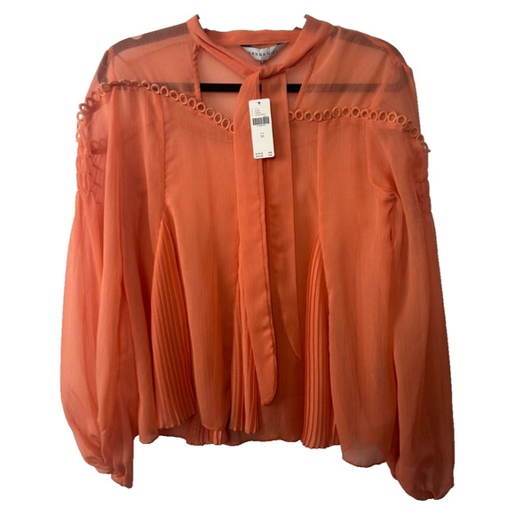 Ranna Gill Tops - New Anthro Ranna Gill XS Coral Pleated Tie Neck Blouse Sheer Eyelet $130 D24
